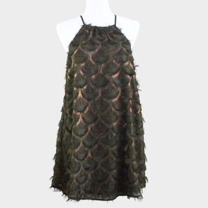 TCEC Feather Tassel Halter Dress Green \ Rose Gold Metallic Size M